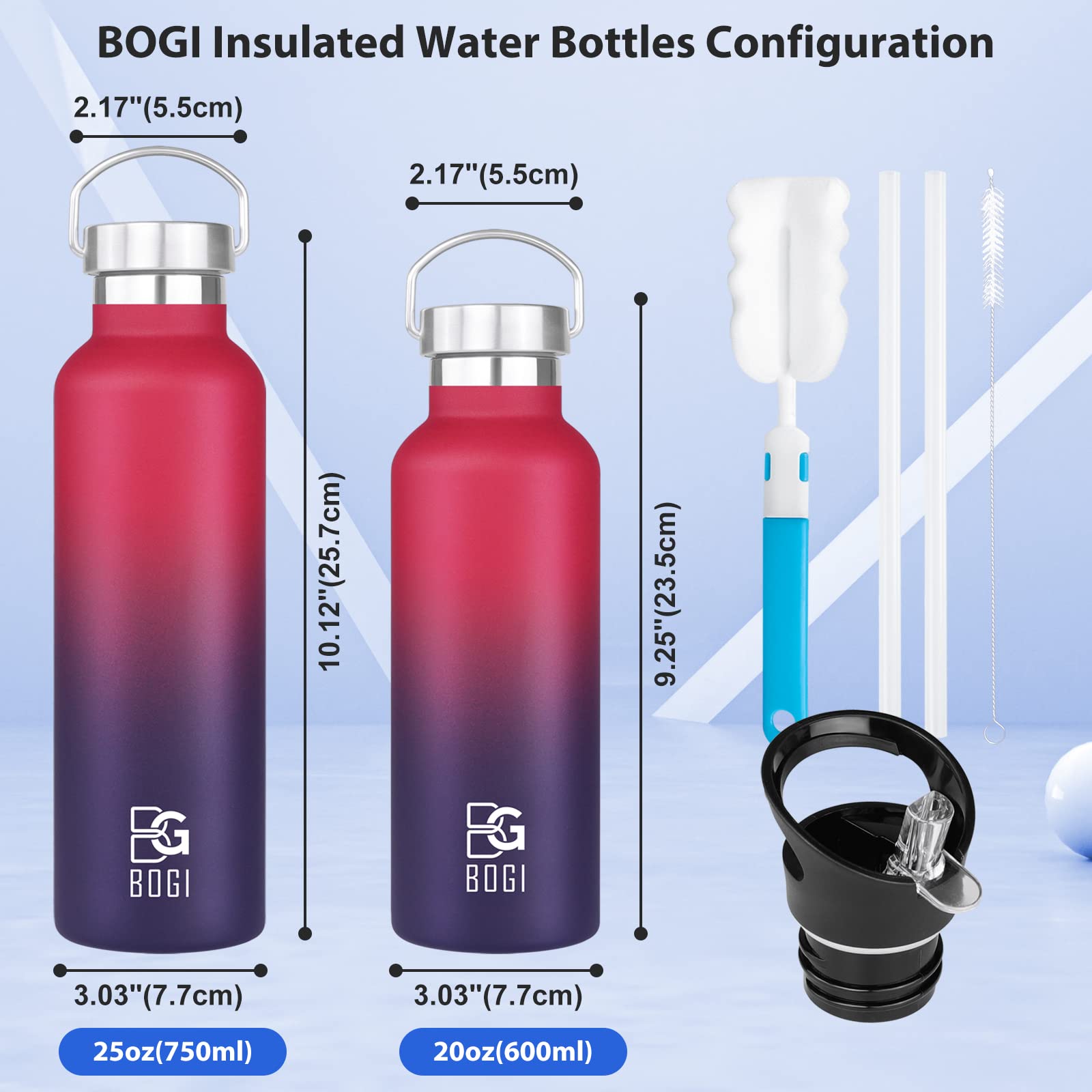 BOGI Stainless Steel Water Bottle  25oz Vacuum Insulated Water Bottle with Straw Lid  BPA Free Leakproof Wide Mouth Water Bottle-Keep Liquids Hot or Cold for Outdoor Sports Camping Biking (DRed)